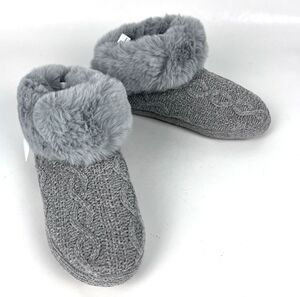 Cuddl Duds Cable Knit Bootie Slippers Womens SZ 5-6 Faux Fur Trim Heather Gray